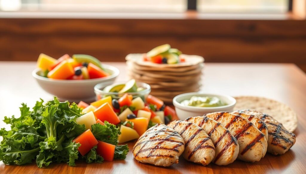 A brightly lit, appetizing display of healthy menu options from El Pollo Loco. In the foreground, grilled chicken breasts, fresh vegetables like kale and bell peppers, and a vibrant fruit salad arranged artfully on a wooden table. In the middle ground, a stack of whole grain tortillas and a small bowl of avocado-based dip. The background is softly blurred, highlighting the focus on the nutritious, customizable meal components. The lighting is natural and warm, emphasizing the fresh, wholesome vibe. The camera angle is slightly elevated, giving an inviting, mouthwatering view of the healthy choices available at El Pollo Loco.