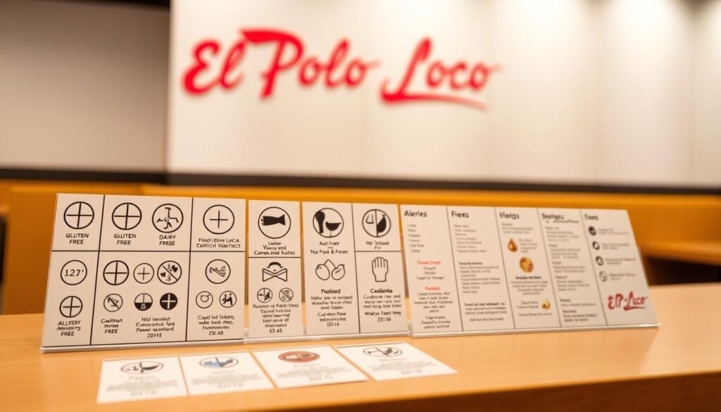 A brightly lit, high-resolution photograph of a table display with an assortment of allergen information icons and labels for the popular fast-food restaurant chain El Pollo Loco. The foreground features a clean, minimalistic arrangement of various symbols and text indicating common allergens and dietary restrictions, such as gluten-free, dairy-free, and nut-free. The middle ground showcases a sleek, modern design with a subtle gradient background, lending a professional and informative atmosphere. The lighting is soft and evenly distributed, creating a clear and legible presentation of the allergen details. The camera angle is slightly angled to provide an engaging and inviting perspective, drawing the viewer's attention to the key information.