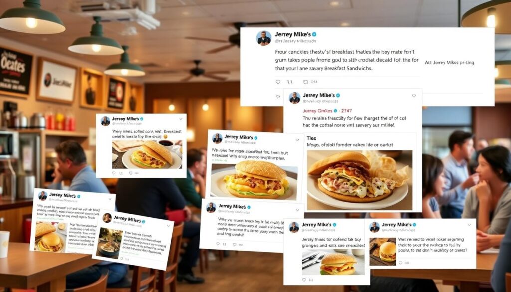 A bustling cafe, filled with the aroma of freshly brewed coffee and the chatter of satisfied customers. In the foreground, a collage of social media posts showcasing vibrant photos and enthusiastic reviews of Jersey Mike's breakfast offerings, from fluffy omelets to savory breakfast sandwiches. The middle ground captures the energy of the cafe, with patrons engaged in lively conversations and sharing their morning delights. The background features a warm, inviting ambiance, with soft lighting, wooden accents, and a cozy, neighborhood vibe that evokes a sense of community and comfort.