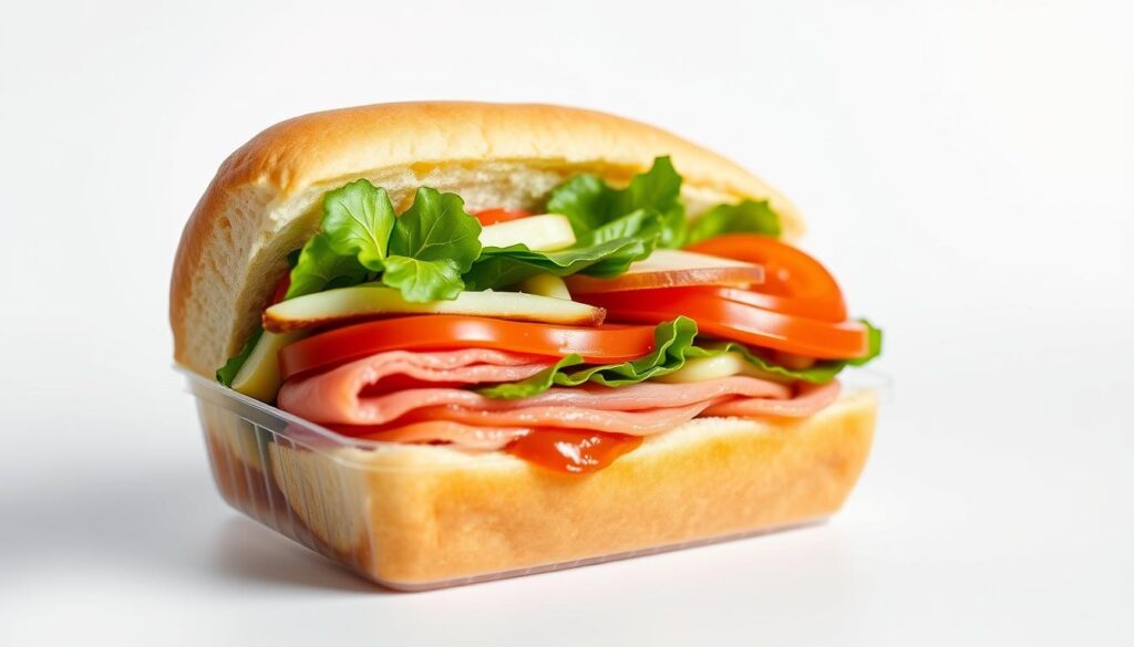 A close-up photograph of a Jersey Mike's sub sandwich placed in a clear plastic food container, showcased on a plain white background. The sub is meticulously crafted, with each ingredient clearly visible, including freshly sliced meats, crisp vegetables, and a glistening layer of condiments. The container is positioned at a slight angle, allowing the viewer to see the cross-section of the sub and appreciate the generous portion size. Soft, diffused lighting from the side creates depth and highlights the textures, while a clean, minimalist setting emphasizes the simplicity and quality of the product. The image conveys a sense of freshness, value, and the overall appeal of the Jersey Mike's "sub in a tub" offering.