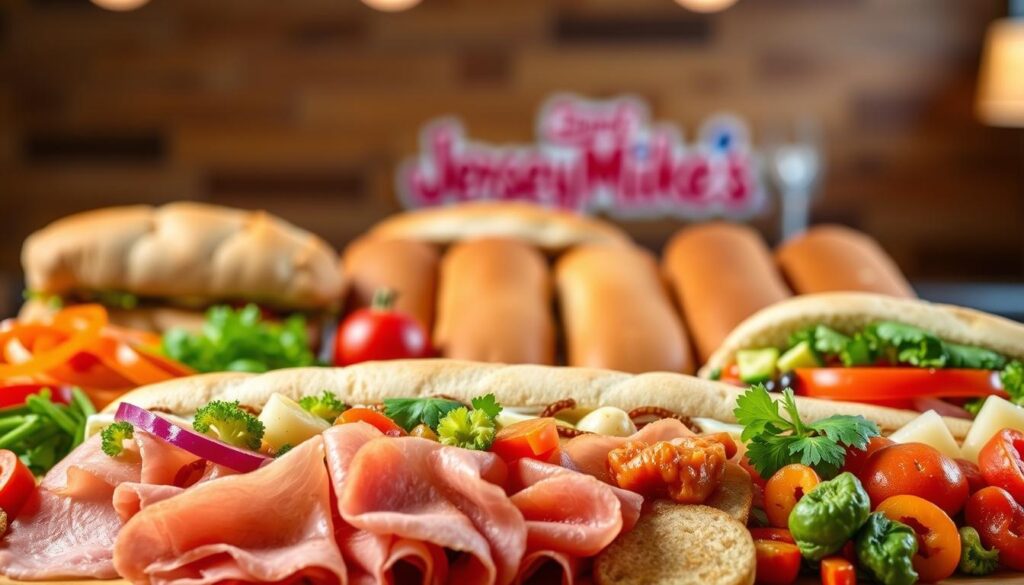 A delectable display of Jersey Mike's Subs menu flavors, showcased against a warm, inviting backdrop. In the foreground, an array of artfully arranged ingredients - freshly sliced meats, crisp vegetables, and a variety of flavorful condiments - create a visually tantalizing tableau. The middle ground features an assortment of freshly baked bread options, each with a distinct texture and hue, while the background hints at the casual, welcoming ambiance of a Jersey Mike's Subs restaurant. Soft, diffused lighting casts a subtle glow, accentuating the vibrant colors and textures of the menu items. The overall composition evokes a sense of culinary exploration, inviting the viewer to imagine the mouthwatering possibilities of customizing their own delicious sub.