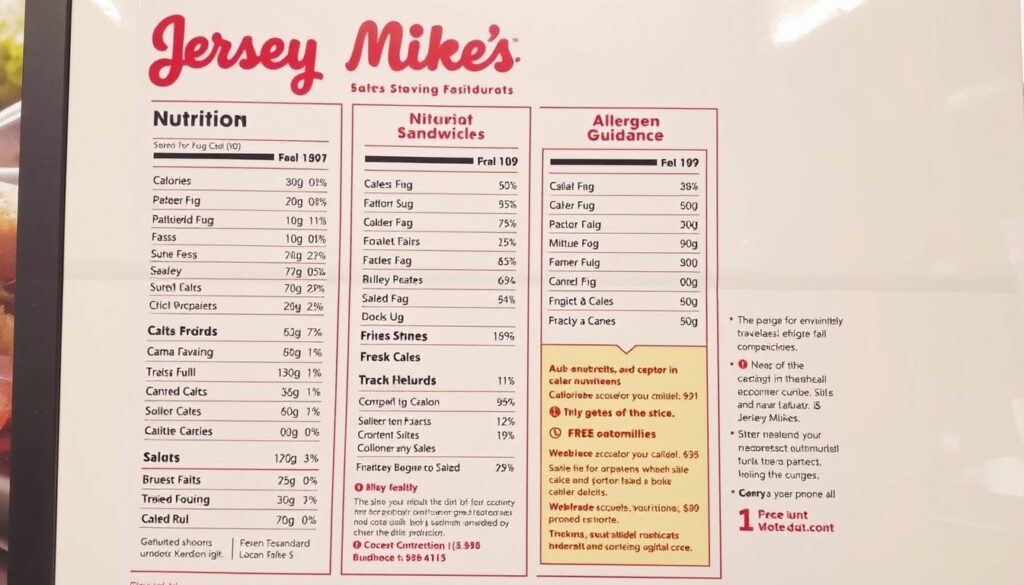 A detailed nutritional information panel for the Jersey Mike's restaurant chain, displayed on a clean, white background. The panel showcases the calorie counts, macronutrient breakdowns, and allergen guidance for a selection of their popular sub sandwiches and salads. The layout is clear and organized, with easy-to-read typography and appropriate use of color to highlight key data. The image conveys a sense of transparency and helpfulness, reflecting the brand's commitment to providing customers with the information they need to make informed, healthy choices.