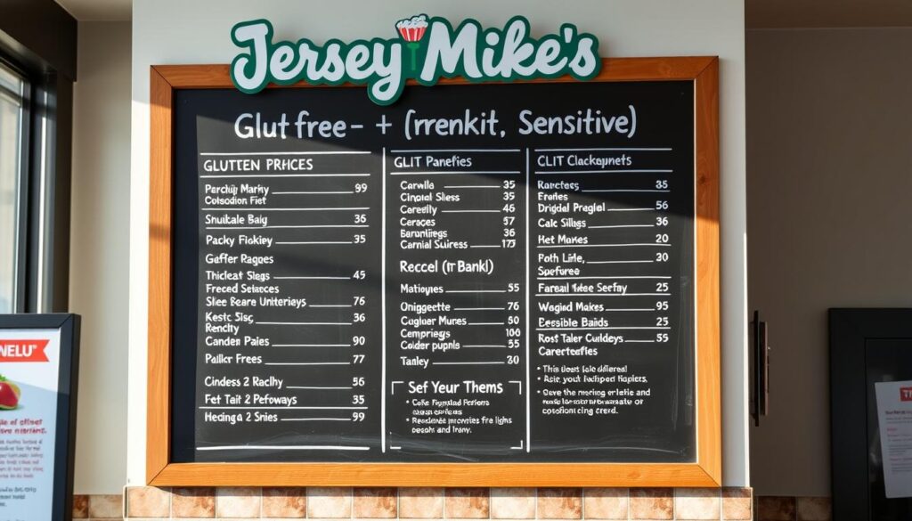 A high-resolution photograph of a Jersey Mike's restaurant menu board, captured with a professional DSLR camera in natural lighting. The menu is displayed on a large chalkboard-style sign, with the "Gluten-Free and Wheat-Sensitive" section prominently featured. The board is positioned at eye level, allowing the viewer to clearly see the gluten-free options and their descriptions. The background is slightly blurred, emphasizing the menu as the focal point. The overall image has a clean, modern aesthetic that complements the Jersey Mike's brand identity.