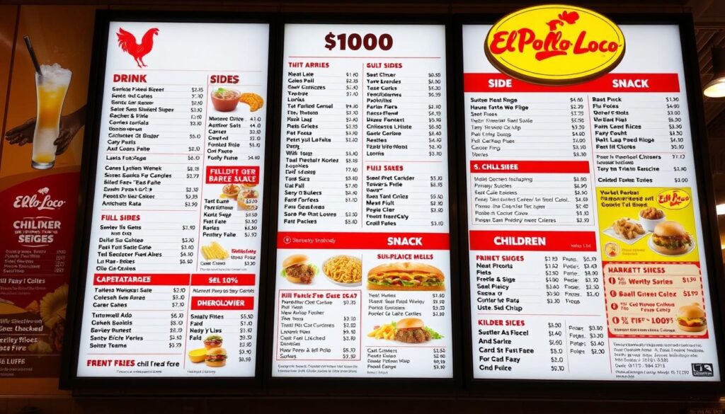 A meticulously detailed photograph of an El Pollo Loco restaurant menu displayed on a large, backlit menu board. The menu features a wide variety of drink, side, snack, and children's meal options, with clear pricing information for each item. The menu is well-lit, with a warm, inviting atmosphere. The camera angle is slightly elevated, providing a clear, unobstructed view of the entire menu. The background is blurred, keeping the focus on the menu itself. The image conveys the variety and value of El Pollo Loco's menu offerings.