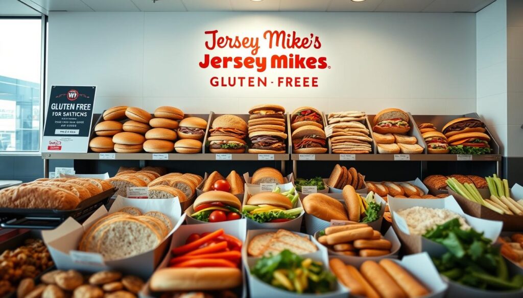 A neatly arranged display of gluten-free menu items at a Jersey Mike's sandwich shop. Soft natural lighting illuminates the array of freshly baked breads, meats, and vegetables against a clean, minimalist backdrop. The focus is on the diverse selection of gluten-free options, presented in an appetizing and visually appealing manner to cater to those with dietary restrictions. The scene conveys a sense of transparency and care, encouraging customers to explore the hidden allergy-friendly offerings beyond the standard menu.