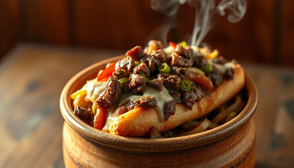 A succulent, freshly-made Philly cheesesteak nestled in a sturdy, ceramic tub, bathed in warm, golden light. The tender steak, melted cheese, and vibrant peppers and onions spill over the rim, inviting you to dive in. The tub's rustic, earthy texture creates a tactile contrast, while the steam rising from the piping hot contents evokes the mouthwatering aroma. Captured from a high, angled perspective to showcase the hearty, comforting nature of this classic sandwich dish, served in an unexpected yet practical presentation.