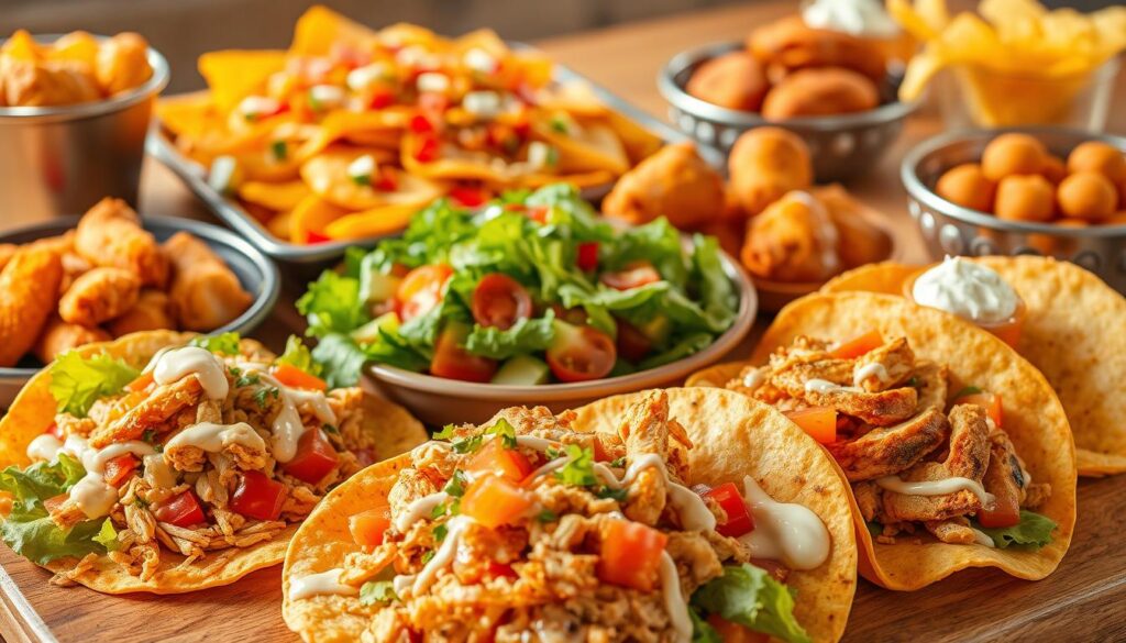 A vibrant and mouthwatering display of El Pollo Loco's signature menu items, showcased in a meticulously lit and artfully arranged composition. In the foreground, crisp tostadas adorned with fresh vegetables, shredded chicken, and creamy sauces. Nearby, a colorful salad with leafy greens, juicy tomatoes, and grilled chicken strips. In the middle ground, golden-brown quesadillas and a platter of steaming-hot nachos, topped with melted cheese, pico de gallo, and sour cream. In the background, a selection of snacks, including crispy chicken wings and flavorful corn nuggets. The entire scene is bathed in warm, natural lighting, capturing the vibrant and authentic essence of El Pollo Loco's diverse menu offerings.
