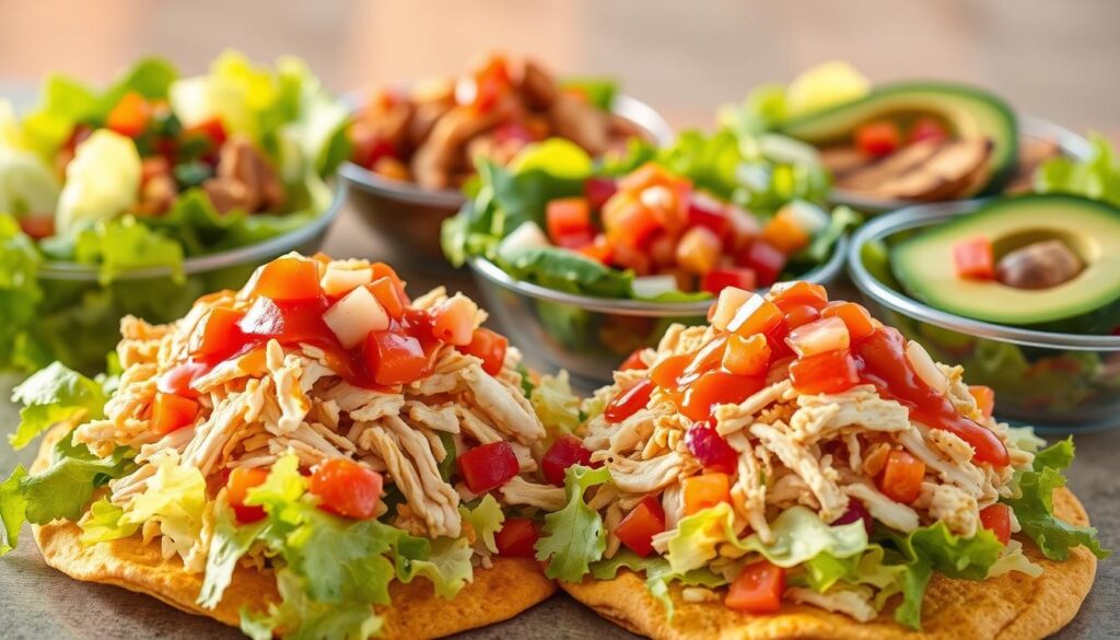 A vibrant, appetizing spread of El Pollo Loco's signature tostadas and salads, captured under warm, golden-hour lighting. In the foreground, crisp tostada shells are piled high with shredded chicken, fresh lettuce, diced tomatoes, and a drizzle of zesty chipotle sauce. Behind them, a selection of colorful salads showcase the restaurant's fresh ingredients - crisp romaine, juicy grilled chicken, vibrant pico de gallo, and creamy avocado. The scene is framed by a neutral background, allowing the food to take center stage and entice the viewer's senses. The overall composition exudes a casual, inviting atmosphere, perfectly capturing the essence of El Pollo Loco's flavorful and nutritious menu offerings.