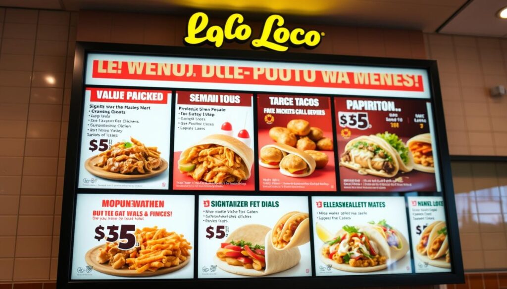A vibrant, backlit menu board showcasing the mouthwatering offerings of El Pollo Loco's value-packed deals. In the foreground, the $5 menu items are prominently displayed, each with tantalizing food photography. In the middle ground, an array of signature dishes like the classic chicken, burritos, and tacos are highlighted. The background features the warm, inviting ambiance of an El Pollo Loco restaurant, with subtle brand elements and a softly blurred, tiled wall pattern. Crisp lighting and a slightly elevated camera angle create an appetizing, high-quality presentation of the restaurant's dynamic menu and promotional offerings.