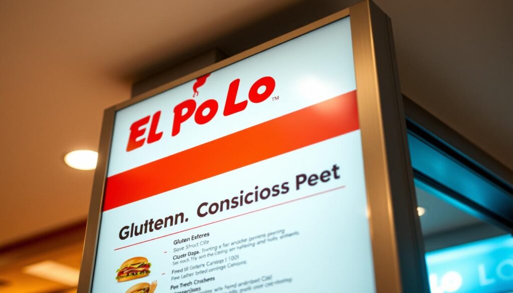 A vibrant, close-up shot of a meticulously crafted El Pollo Loco menu board, prominently showcasing the "Gluten Conscious Options" section. The board's sleek, minimalist design features a clean, white background, allowing the colorful meal icons and typography to take center stage. The lighting is soft and diffused, creating a warm, inviting atmosphere. The camera angle is slightly elevated, giving the viewer a bird's-eye perspective and emphasizing the attention to detail in the menu presentation. The overall mood is one of modern sophistication and health-conscious appeal, reflecting the gluten-free options available at this popular fast-casual restaurant.
