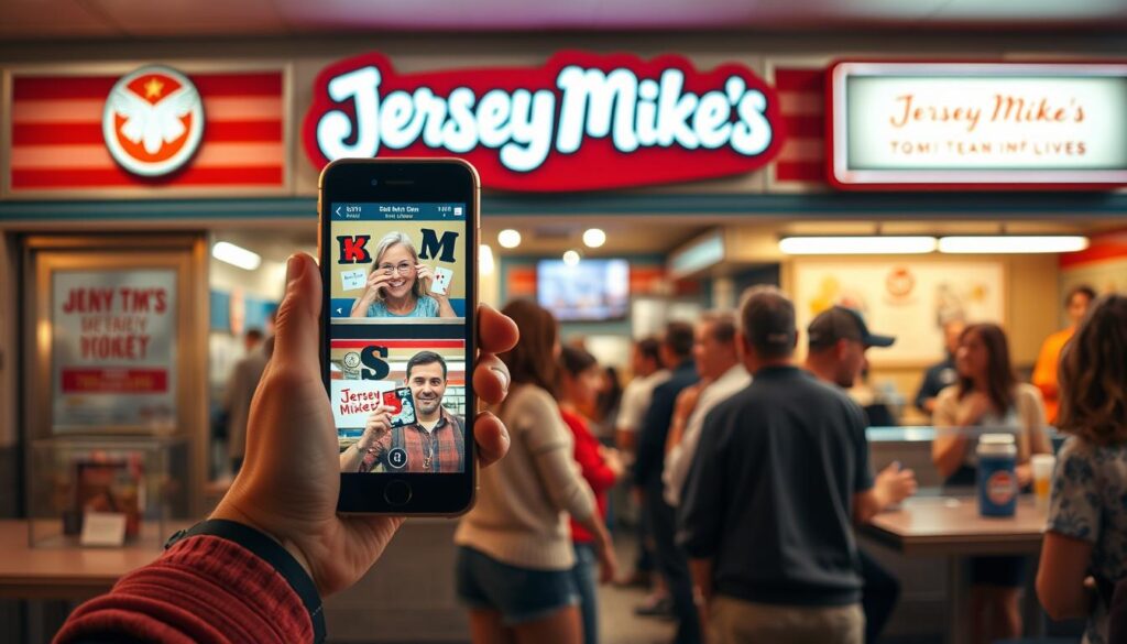 A vibrant diner setting with the iconic Jersey Mike's logo prominently displayed on the storefront. In the foreground, a customer holds up their phone, capturing a sequence of seemingly unconventional yet effective ordering gestures - a secret handshake, a sly wink, and a deft card trick. The middle ground features a lively queue of customers, each employing their own unique "viral ordering hacks" to bypass the line or access exclusive menu items. The background showcases the bustling energy of the restaurant, with servers hustling and patrons eagerly awaiting their subs. Warm, inviting lighting illuminates the scene, creating an atmosphere of excitement and discovery around the hidden secrets of Jersey Mike's.