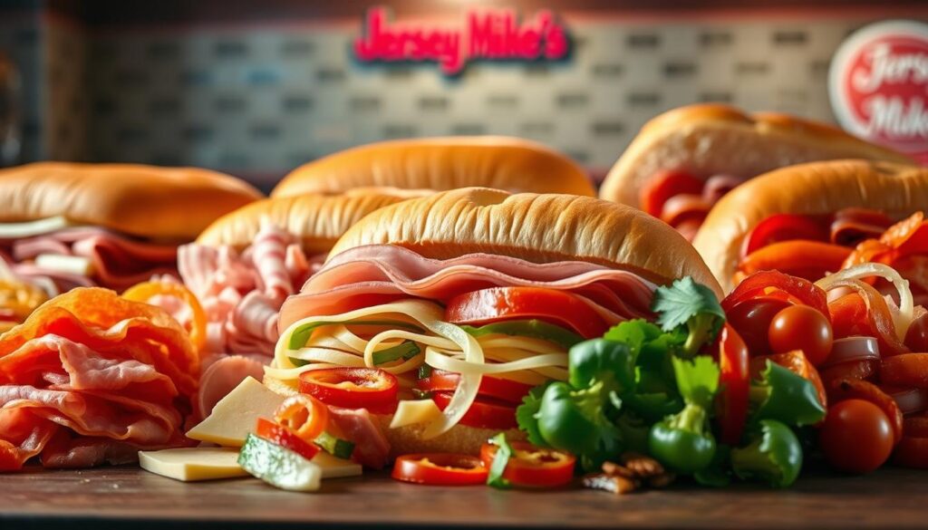 A vibrant display of Jersey Mike's Subs menu flavors, captured in a mouth-watering still life. In the foreground, an array of freshly sliced meats, cheeses, and crisp vegetables, their colors and textures meticulously rendered. The middle ground showcases a selection of signature sub rolls, their golden-brown crusts glistening under warm, soft lighting. In the background, a subtly blurred backdrop suggests the inviting ambiance of a Jersey Mike's restaurant, with hints of wood paneling and subway tile hinting at the brand's classic, New Jersey-inspired aesthetic. The overall scene conveys a sense of quality, craftsmanship, and the tantalizing flavors that define the Jersey Mike's Subs experience.