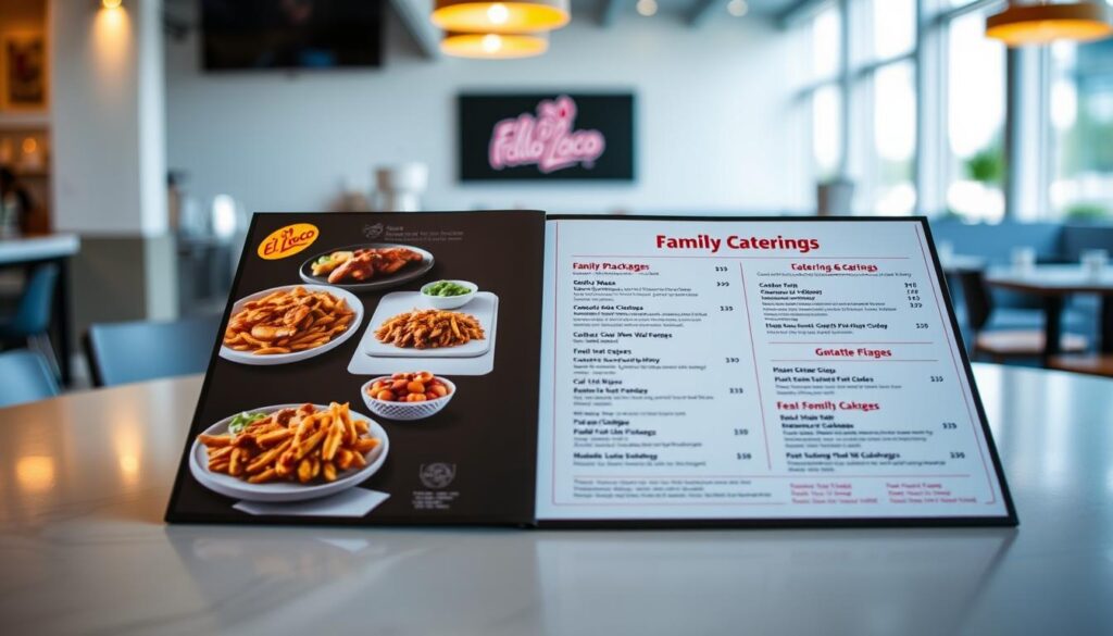 A vibrant, high-quality image of the El Pollo Loco catering menu displayed on a clean, well-lit table. The menu features a sleek, modern design with clear categorization and pricing for family meal packages and catering options. The foreground showcases the menu itself, with a crisp, high-resolution rendering of the dishes and side items. The middle ground includes a small, discreet logo or branding element, while the background is a soft, out-of-focus setting, such as a minimalist restaurant interior or a blurred kitchen workspace, to provide context without distracting from the main focus. The overall mood is professional, appetizing, and visually appealing, reflecting the quality and variety of El Pollo Loco's catering offerings.