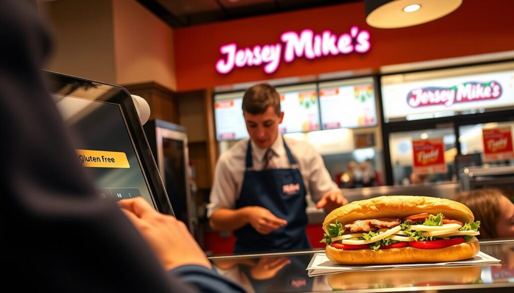 A vibrant, well-lit image showcasing the step-by-step process of ordering a gluten-free sub at Jersey Mike's. In the foreground, a customer's hands carefully navigating the ordering touchscreen, selecting the "Gluten Free" option. In the middle ground, an employee in a crisp uniform assembling the sub with fresh ingredients. In the background, the warmly-lit Jersey Mike's storefront, with the menu boards and branding prominently displayed. The overall atmosphere is one of helpful guidance and attention to dietary needs, capturing the ease and convenience of ordering a gluten-free meal at this popular sandwich shop.