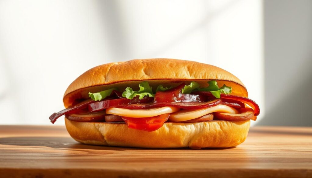 A well-lit close-up shot of a delectable Jersey Mike's gluten-free hot sub, showcasing its freshly toasted bread, savory fillings, and artful presentation. The sub is placed on a wooden surface, with a clean, minimalist background that emphasizes the food's quality and appeal. Soft, natural lighting illuminates the scene, casting subtle shadows and highlighting the sub's textures and colors. The image conveys a sense of high-quality, health-conscious indulgence, perfectly capturing the essence of Jersey Mike's gluten-free menu offerings.