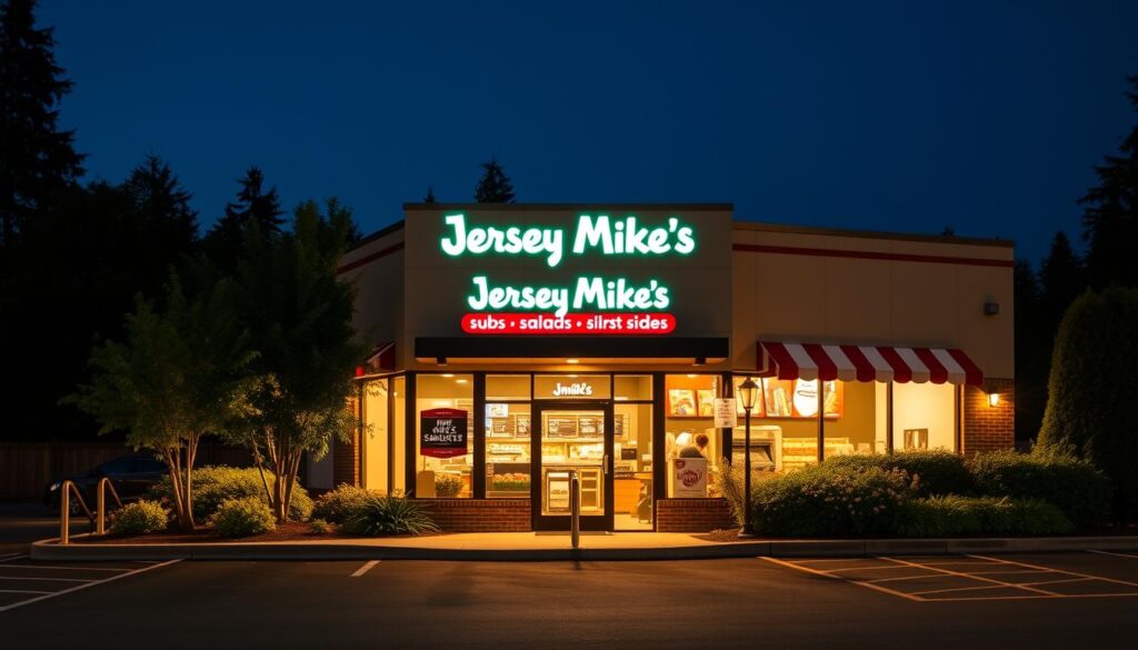 A well-lit, inviting facade of the Jersey Mike's sandwich shop in Lake Stevens, WA. The storefront is nestled amidst lush greenery, with a wide, welcoming entryway and large windows showcasing the enticing array of subs, salads, and sides. The parking lot is neatly paved, with ample space for customers to conveniently access the establishment. The overall atmosphere evokes a sense of local community and high-quality dining experience. Warm, natural lighting casts a cozy glow, enticing passersby to step inside and enjoy a delicious meal.