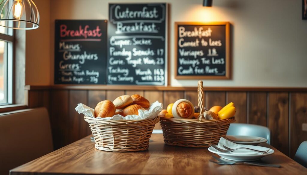 a cozy breakfast nook with a wooden table, a wicker basket filled with an assortment of breakfast items like croissants, muffins, and fruit, a chalkboard menu on the wall displaying customization options for breakfast sandwiches and wraps, a warm, soft lighting illuminating the scene, creating a welcoming and inviting atmosphere, the table is set with plates, cutlery, and napkins, giving the impression of a casual, yet thoughtfully curated dining experience